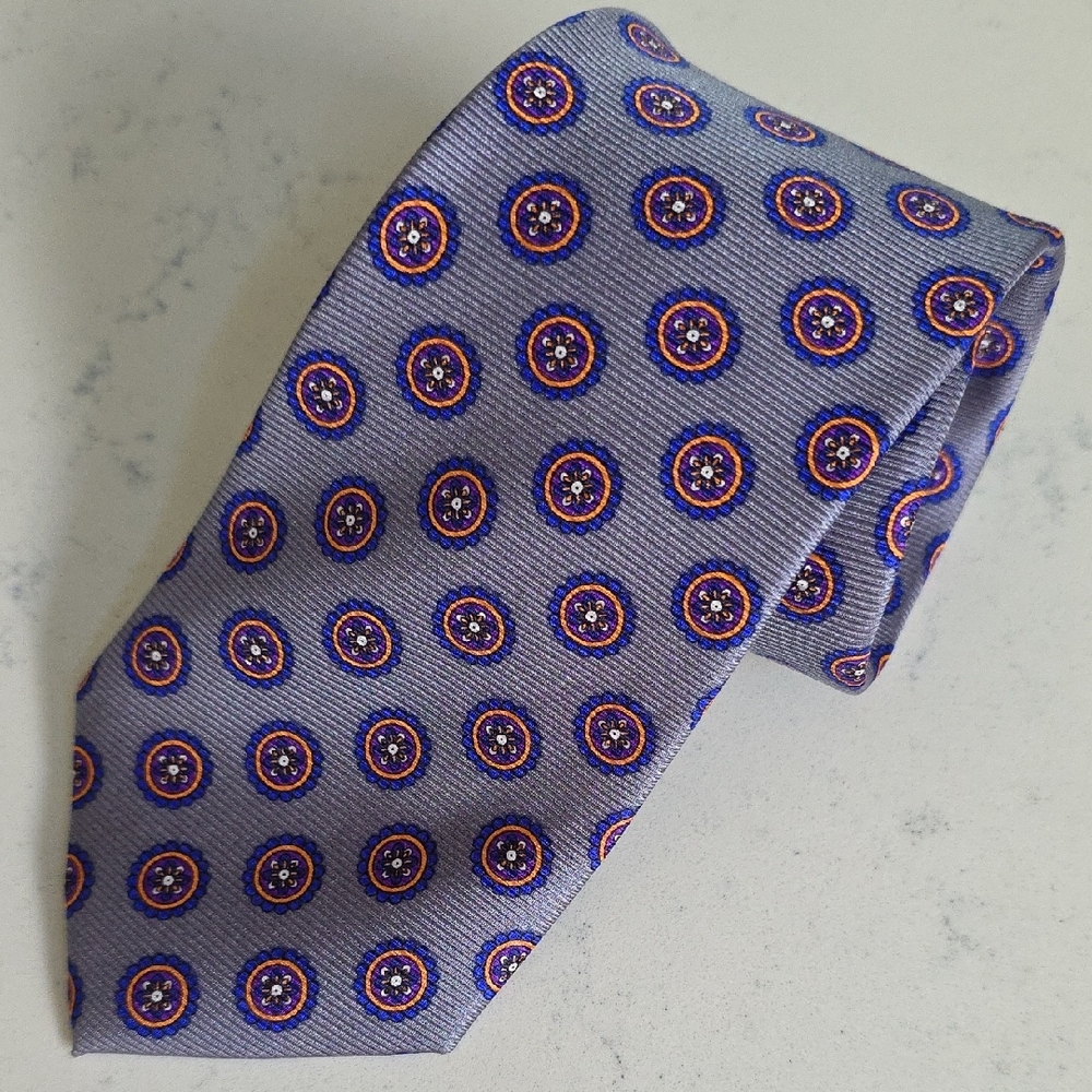 Grey 100% Silk Tie: Blue Purple & Orange Medallion Pattern by Cape Cod Neckwear